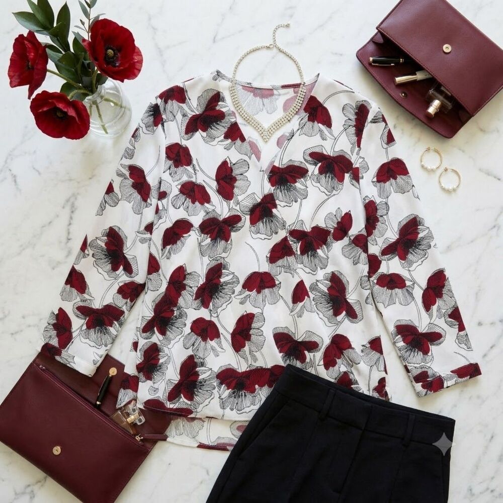 Alfani Red Poppy Floral Faux Wrap Surplice Blouse Top Petite 4P